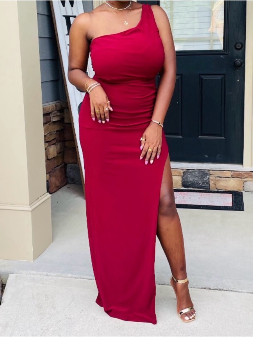 One-Shoulder Burgundy Evening Dress
